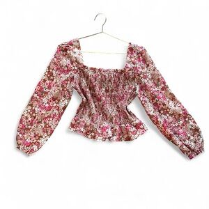 Crystal Doll Pink Floral Smocked Peplum Blouse – Cottagecore Square Neck Top XL